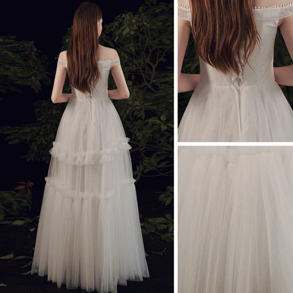Affordable Ivory Outdoor / Garden Summer Light Wedding Dresses 2021 A-Line / Princess Off-The-Shoulder Short Sleeve Backless Floor-Length / Long Ruffle