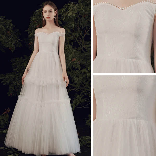 Affordable Ivory Outdoor / Garden Summer Light Wedding Dresses 2021 A-Line / Princess Off-The-Shoulder Short Sleeve Backless Floor-Length / Long Ruffle