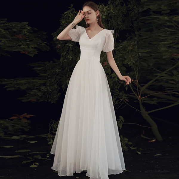 Affordable White Chiffon Outdoor / Garden Wedding Dresses 2021 A-Line / Princess V-Neck Puffy Short Sleeve Backless Floor-Length / Long Ruffle