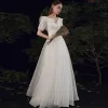 Affordable White Chiffon Outdoor / Garden Wedding Dresses 2021 A-Line / Princess V-Neck Puffy Short Sleeve Backless Floor-Length / Long Ruffle