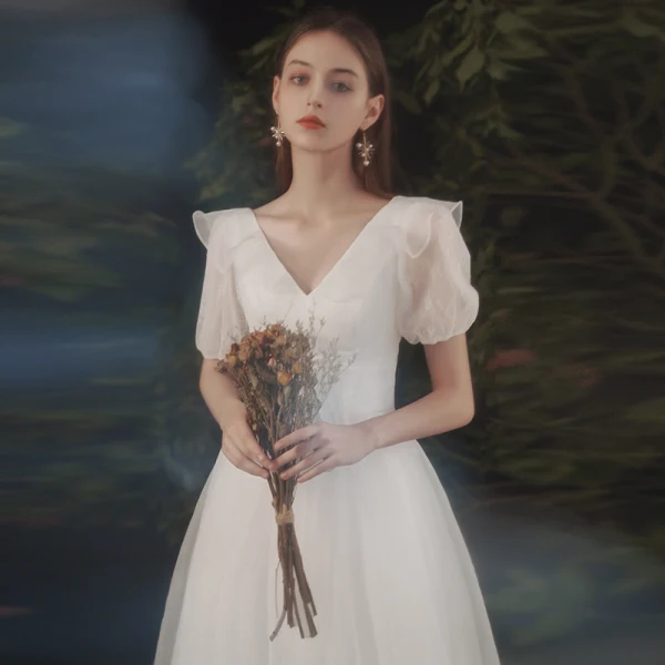 Affordable White Chiffon Outdoor / Garden Wedding Dresses 2021 A-Line / Princess V-Neck Puffy Short Sleeve Backless Floor-Length / Long Ruffle