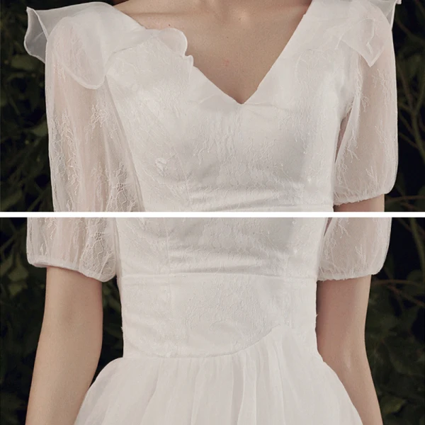 Affordable White Chiffon Outdoor / Garden Wedding Dresses 2021 A-Line / Princess V-Neck Puffy Short Sleeve Backless Floor-Length / Long Ruffle