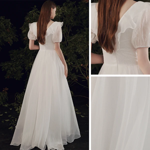 Affordable White Chiffon Outdoor / Garden Wedding Dresses 2021 A-Line / Princess V-Neck Puffy Short Sleeve Backless Floor-Length / Long Ruffle