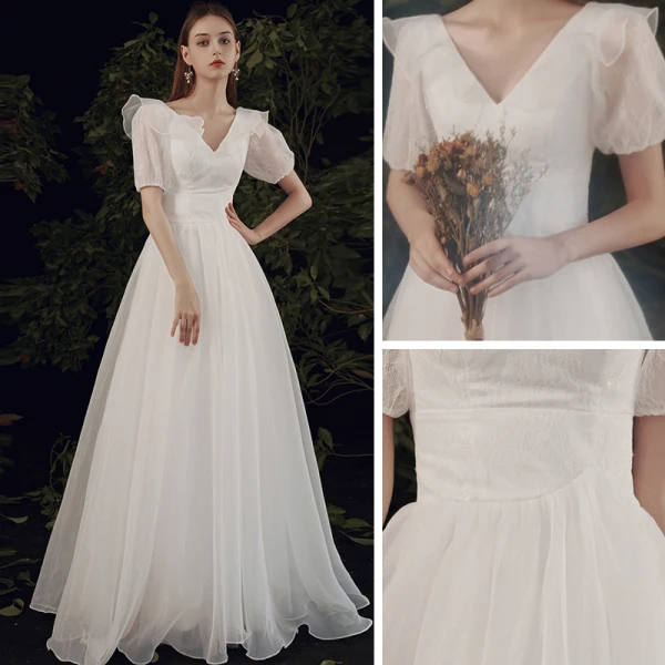 Affordable White Chiffon Outdoor / Garden Wedding Dresses 2021 A-Line / Princess V-Neck Puffy Short Sleeve Backless Floor-Length / Long Ruffle