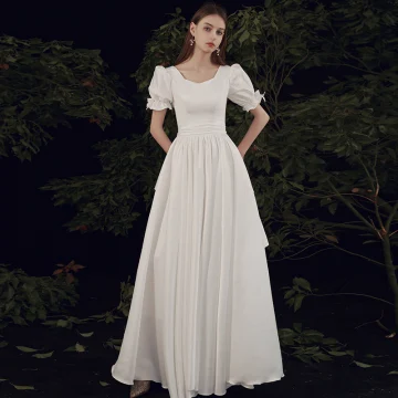 Affordable Ivory Satin Bridal Wedding Dresses 2021 A Line Princess Square Neckline Puffy Short Sleeve Bow Sash Floor Length Long Cascading Ruffles