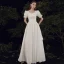 Abordable Ivoire Satin La Mariée Robe De Mariée 2021 Princesse Encolure Carrée Gonflée Manches Courtes Noeud Ceinture Longue Volants en Cascade