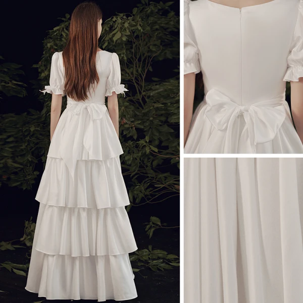 Abordable Ivoire Satin La Mariée Robe De Mariée 2021 Princesse Encolure Carrée Gonflée Manches Courtes Noeud Ceinture Longue Volants en Cascade