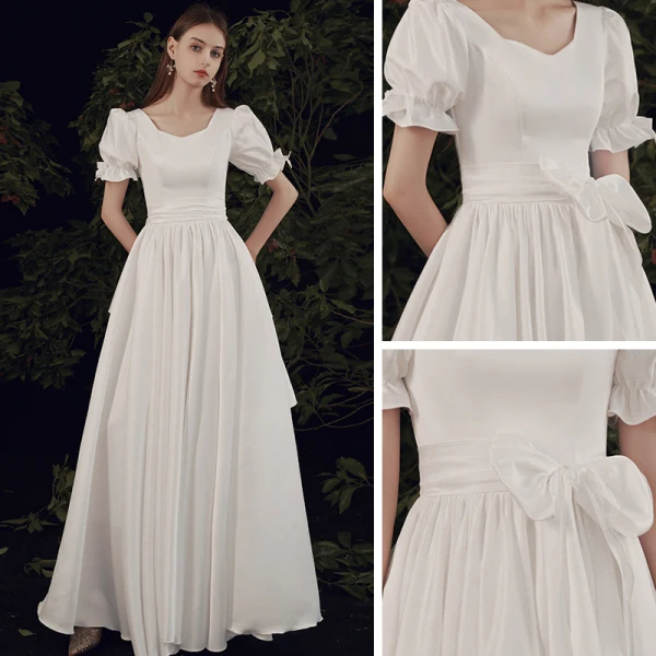 Abordable Ivoire Satin La Mariée Robe De Mariée 2021 Princesse Encolure Carrée Gonflée Manches Courtes Noeud Ceinture Longue Volants en Cascade