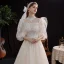 Viktorianischer Stil Champagner Garten / Im Freien Brautkleider / Hochzeitskleider 2021 A Linie Durchsichtige Stehkragen Geschwollenes 3/4 Ärmel Rückenfreies Applikationen Spitze Pailletten Sweep / Pinsel Zug Rüschen