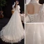 Viktorianischer Stil Champagner Garten / Im Freien Brautkleider / Hochzeitskleider 2021 A Linie Durchsichtige Stehkragen Geschwollenes 3/4 Ärmel Rückenfreies Applikationen Spitze Pailletten Sweep / Pinsel Zug Rüschen