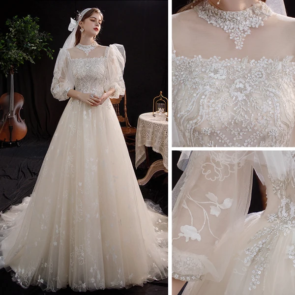 Viktorianischer Stil Champagner Garten / Im Freien Brautkleider / Hochzeitskleider 2021 A Linie Durchsichtige Stehkragen Geschwollenes 3/4 Ärmel Rückenfreies Applikationen Spitze Pailletten Sweep / Pinsel Zug Rüschen