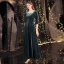 Vintage / Retro Ink Blue Winter Dancing Prom Dresses 2021 A-Line / Princess Square Neckline 3/4 Sleeve Beading Pearl Glitter Polyester Floor-Length / Long Ruffle Backless Formal Dresses