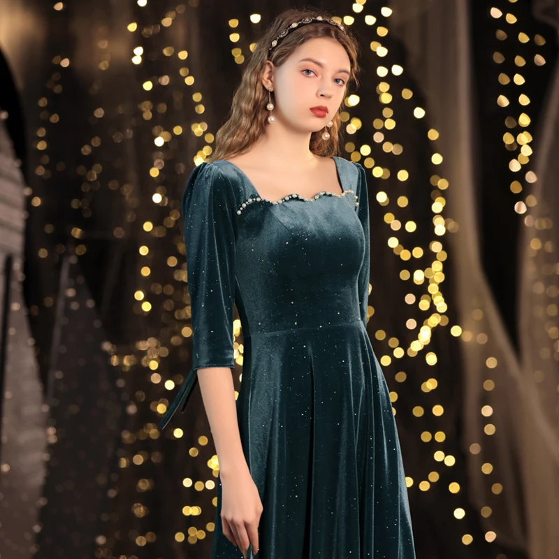 Vintage Retro Ink Blue Winter Dancing Prom Dresses 2021 A Line Princess  Square Neckline 3 4 Sleeve Beading Pearl Glitter Polyester Floor Length  Long Ruffle Backless Formal Dresses