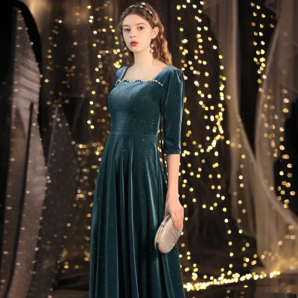 Vintage / Retro Ink Blue Winter Dancing Prom Dresses 2021 A-Line / Princess Square Neckline 3/4 Sleeve Beading Pearl Glitter Polyester Floor-Length / Long Ruffle Backless Formal Dresses