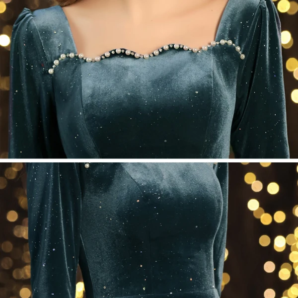 Vintage / Retro Ink Blue Winter Dancing Prom Dresses 2021 A-Line / Princess Square Neckline 3/4 Sleeve Beading Pearl Glitter Polyester Floor-Length / Long Ruffle Backless Formal Dresses