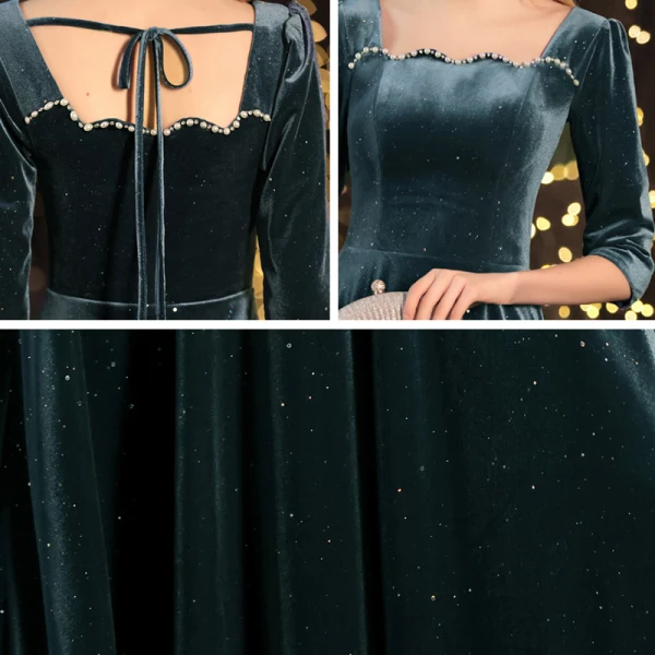 Vintage / Retro Ink Blue Winter Dancing Prom Dresses 2021 A-Line / Princess Square Neckline 3/4 Sleeve Beading Pearl Glitter Polyester Floor-Length / Long Ruffle Backless Formal Dresses