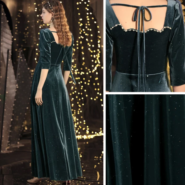 Vintage / Retro Ink Blue Winter Dancing Prom Dresses 2021 A-Line / Princess Square Neckline 3/4 Sleeve Beading Pearl Glitter Polyester Floor-Length / Long Ruffle Backless Formal Dresses