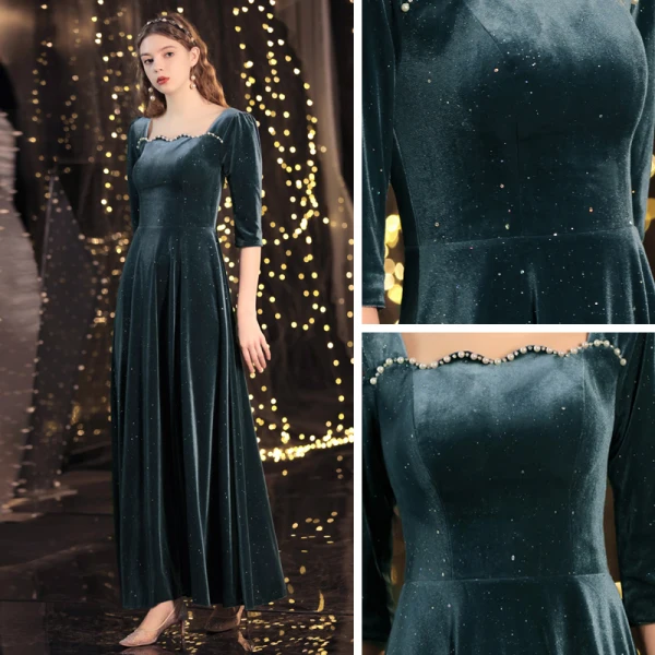 Vintage / Retro Ink Blue Winter Dancing Prom Dresses 2021 A-Line / Princess Square Neckline 3/4 Sleeve Beading Pearl Glitter Polyester Floor-Length / Long Ruffle Backless Formal Dresses
