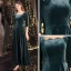 Vintage / Retro Ink Blue Winter Dancing Prom Dresses 2021 A-Line / Princess Square Neckline 3/4 Sleeve Beading Pearl Glitter Polyester Floor-Length / Long Ruffle Backless Formal Dresses