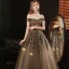 Glitzernden Marineblau Tanzen Ballkleider 2021 A Linie Off Shoulder Kurze Ärmel Pailletten Glanz Tülle Lange Rüschen Rückenfreies Festliche Kleider