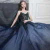 Sparkly Navy Blue Dancing Prom Dresses 2021 A-Line / Princess Off-The-Shoulder Short Sleeve Sequins Glitter Tulle Floor-Length / Long Ruffle Backless Formal Dresses