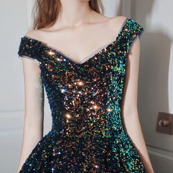 Glitzernden Marineblau Tanzen Ballkleider 2021 A Linie Off Shoulder Kurze Ärmel Pailletten Glanz Tülle Lange Rüschen Rückenfreies Festliche Kleider