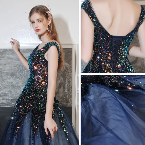 Glitzernden Marineblau Tanzen Ballkleider 2021 A Linie Off Shoulder Kurze Ärmel Pailletten Glanz Tülle Lange Rüschen Rückenfreies Festliche Kleider