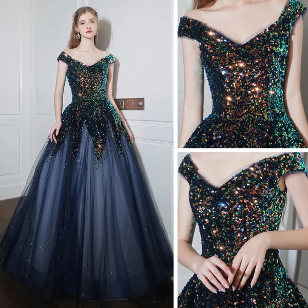 Glitzernden Marineblau Tanzen Ballkleider 2021 A Linie Off Shoulder Kurze Ärmel Pailletten Glanz Tülle Lange Rüschen Rückenfreies Festliche Kleider