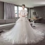Chinesischer Stil Ivory / Creme Durchsichtige Brautkleider / Hochzeitskleider 2018 A Linie Stehkragen Kurze Ärmel Rückenfreies Applikationen Spitze Perlenstickerei Kathedrale Schleppe Rüschen
