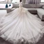 Chinesischer Stil Ivory / Creme Durchsichtige Brautkleider / Hochzeitskleider 2018 A Linie Stehkragen Kurze Ärmel Rückenfreies Applikationen Spitze Perlenstickerei Kathedrale Schleppe Rüschen