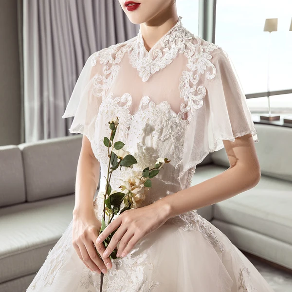 Chinesischer Stil Ivory / Creme Durchsichtige Brautkleider / Hochzeitskleider 2018 A Linie Stehkragen Kurze Ärmel Rückenfreies Applikationen Spitze Perlenstickerei Kathedrale Schleppe Rüschen