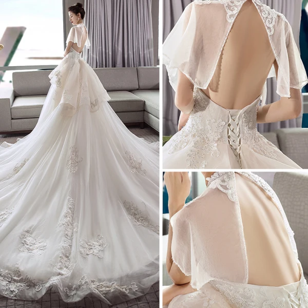 Chinesischer Stil Ivory / Creme Durchsichtige Brautkleider / Hochzeitskleider 2018 A Linie Stehkragen Kurze Ärmel Rückenfreies Applikationen Spitze Perlenstickerei Kathedrale Schleppe Rüschen