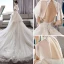 Chinesischer Stil Ivory / Creme Durchsichtige Brautkleider / Hochzeitskleider 2018 A Linie Stehkragen Kurze Ärmel Rückenfreies Applikationen Spitze Perlenstickerei Kathedrale Schleppe Rüschen