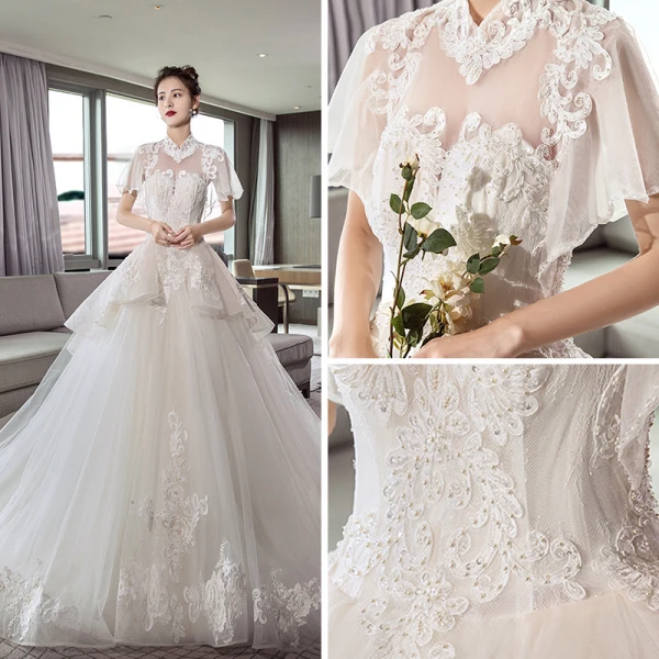 Chinesischer Stil Ivory / Creme Durchsichtige Brautkleider / Hochzeitskleider 2018 A Linie Stehkragen Kurze Ärmel Rückenfreies Applikationen Spitze Perlenstickerei Kathedrale Schleppe Rüschen