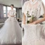 Chinesischer Stil Ivory / Creme Durchsichtige Brautkleider / Hochzeitskleider 2018 A Linie Stehkragen Kurze Ärmel Rückenfreies Applikationen Spitze Perlenstickerei Kathedrale Schleppe Rüschen