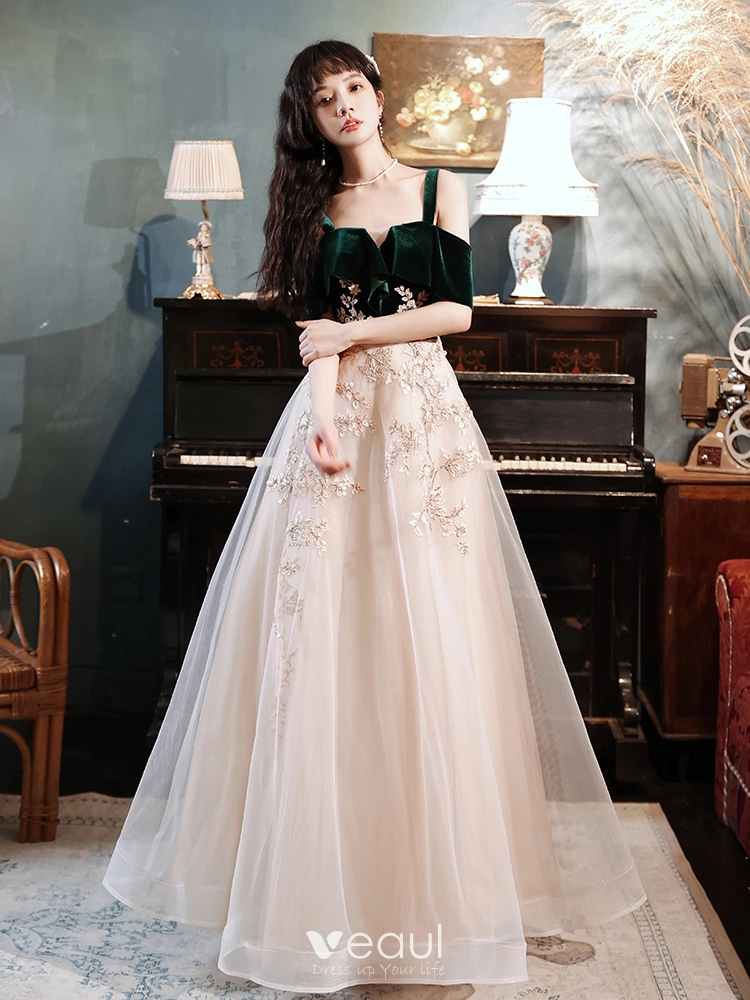 Two Tone Dark Green Dancing Prom Dresses 2021 A-Line / Princess Spaghetti  Straps Short Sleeve Appliques Lace Floor-Length / Long Ruffle Backless Formal  Dresses