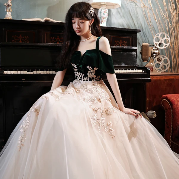 Two Tone Dark Green Dancing Prom Dresses 2021 A-Line / Princess Spaghetti Straps Short Sleeve Appliques Lace Floor-Length / Long Ruffle Backless Formal Dresses