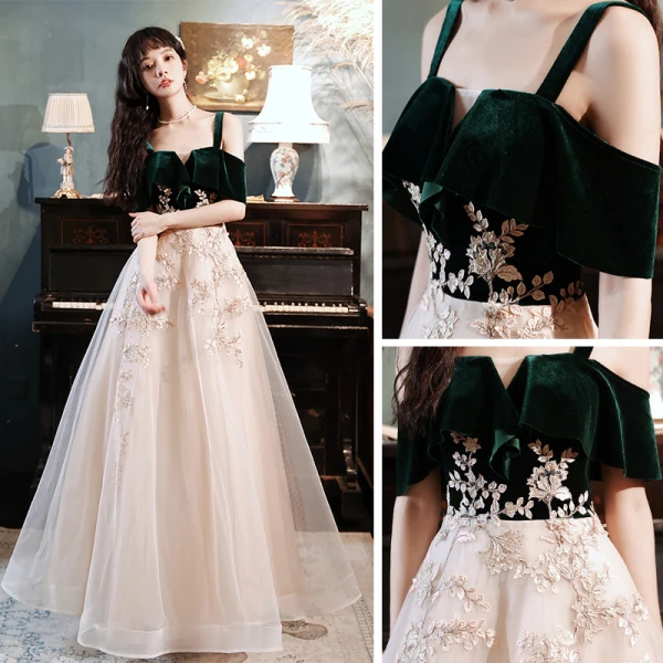 Two Tone Dark Green Dancing Prom Dresses 2021 A-Line / Princess Spaghetti Straps Short Sleeve Appliques Lace Floor-Length / Long Ruffle Backless Formal Dresses