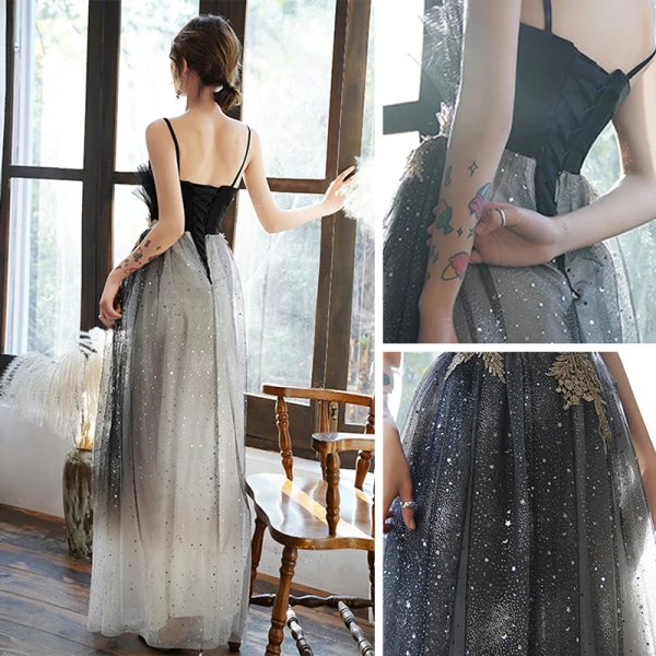 Sparkly Black Homecoming Graduation Dresses 2021 A-Line / Princess Spaghetti Straps Sleeveless Star Sequins Appliques Lace Glitter Tulle Tea-length Ruffle Backless Formal Dresses