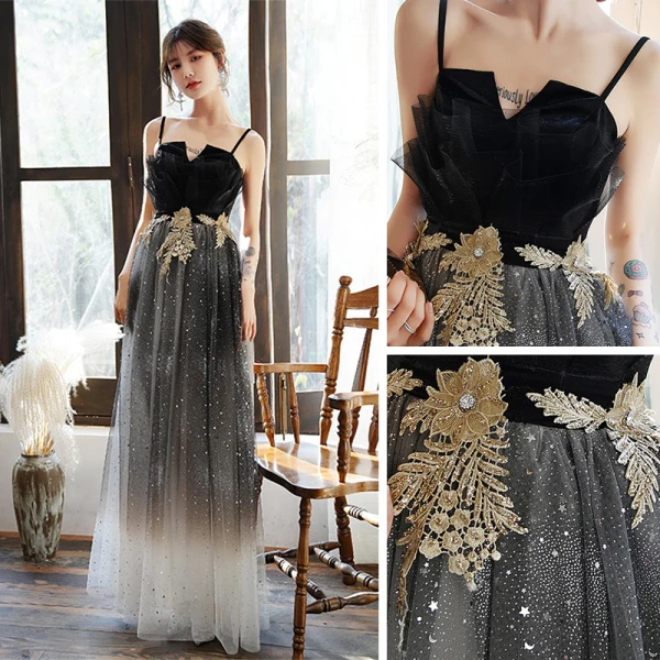 Sparkly Black Homecoming Graduation Dresses 2021 A-Line / Princess Spaghetti Straps Sleeveless Star Sequins Appliques Lace Glitter Tulle Tea-length Ruffle Backless Formal Dresses