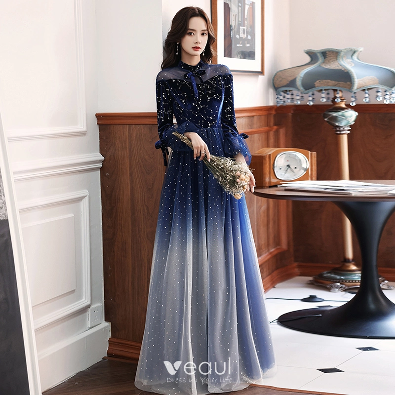 Chinese style Starry Sky Royal Blue Dancing Prom Dresses 2021 A Line Princess See through High Neck Long Sleeve Star Sequins Floor Length Long Ruffle Formal Dresses