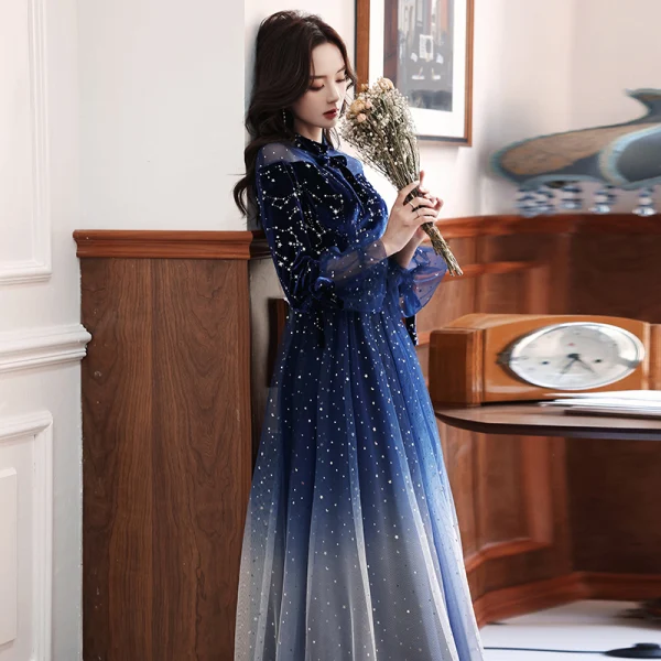 Chinese style Starry Sky Royal Blue Dancing Prom Dresses 2021 A-Line Princess High Neck