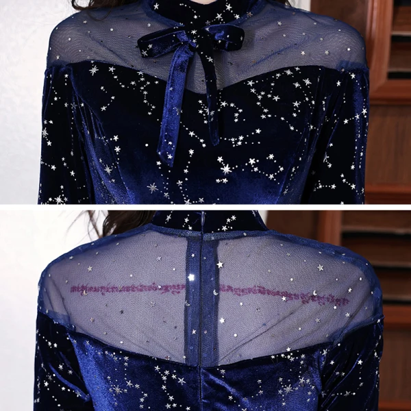 Style Chinois Ciel étoilé Bleu Roi Dansant Robe De Bal 2021 Princesse Transparentes Col Haut Manches Longues Étoile Paillettes Longue Volants Robe De Ceremonie