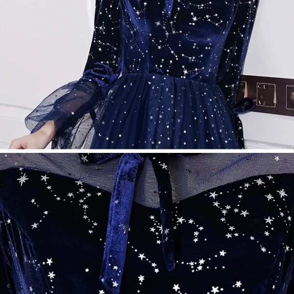 Style Chinois Ciel étoilé Bleu Roi Dansant Robe De Bal 2021 Princesse Transparentes Col Haut Manches Longues Étoile Paillettes Longue Volants Robe De Ceremonie