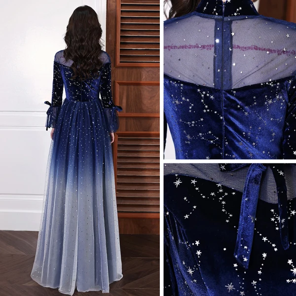 Style Chinois Ciel étoilé Bleu Roi Dansant Robe De Bal 2021 Princesse Transparentes Col Haut Manches Longues Étoile Paillettes Longue Volants Robe De Ceremonie