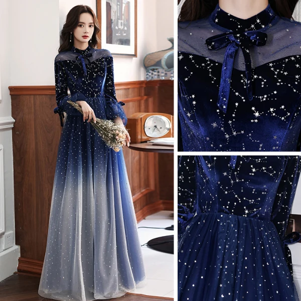 Style Chinois Ciel étoilé Bleu Roi Dansant Robe De Bal 2021 Princesse Transparentes Col Haut Manches Longues Étoile Paillettes Longue Volants Robe De Ceremonie
