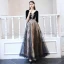 Elegant Black Dancing Prom Dresses 2021 A-Line / Princess See-through Deep V-Neck 1/2 Sleeves Appliques Sequins Floor-Length / Long Ruffle Backless Formal Dresses