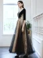 Elegant Black Dancing Prom Dresses 2021 A-Line / Princess See-through Deep V-Neck 1/2 Sleeves Appliques Sequins Floor-Length / Long Ruffle Backless Formal Dresses