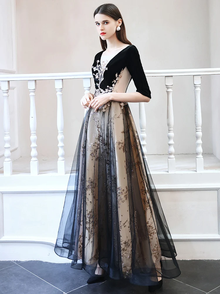Elegant Black Dancing Prom Dresses 2021 A-Line Princess See-through Deep V-Neck 1/2 Long