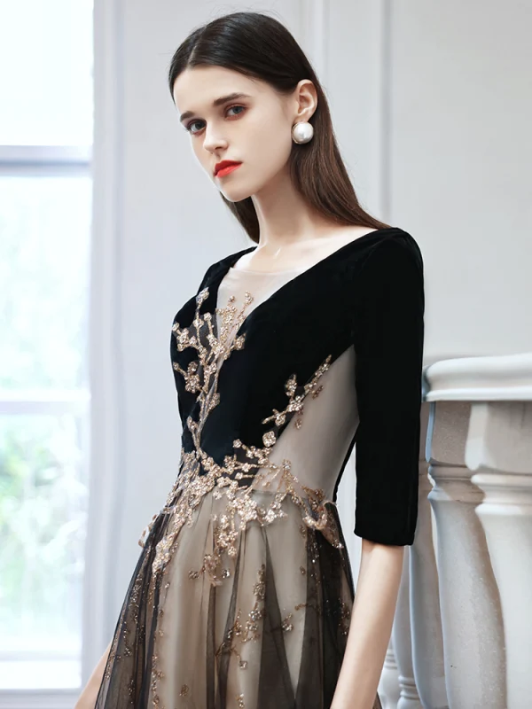 Elegant Black Dancing Prom Dresses 2021 A-Line / Princess See-through Deep V-Neck 1/2 Sleeves Appliques Sequins Floor-Length / Long Ruffle Backless Formal Dresses